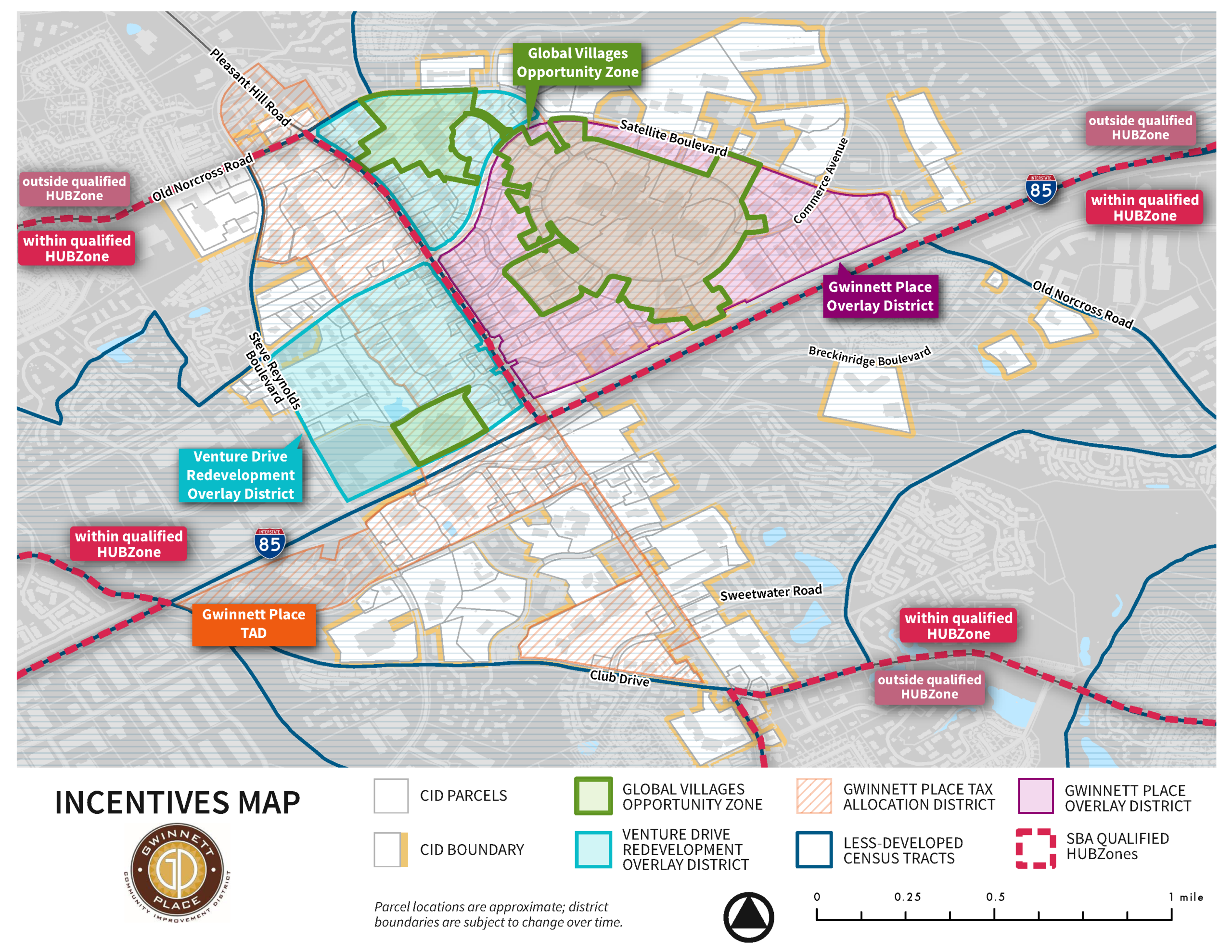 GPCID_Incentives_Map Incentives map of the Gwinnett Place CID showing the Global Villages Opportunity Zone, Venture Drive Redevelopment Overlay District, Gwinnett Place Tax Allocation District, Gwinnett Place Overlay District, less-developed census tracts and SBA qualified HUBZones along the I-85 and Pleasant Hill corridor.